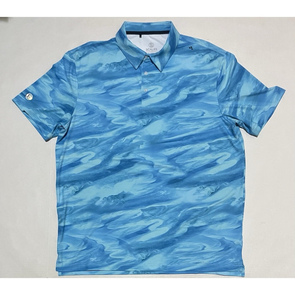 SCALES Polo Shirt Mens Size‎ XL Blue Golf Waves AOP Activewear Outdoor
